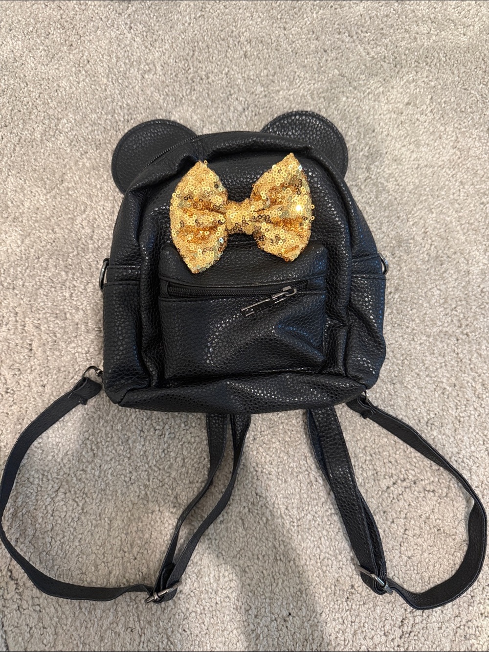 Black Faux Leather Mini Backpack with Gold Sequin Bow
